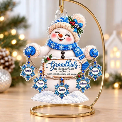 Personalized Acrylic Ornament, Blue Snowman Holding Snowflakes, Unique Christmas Gift for Grandma