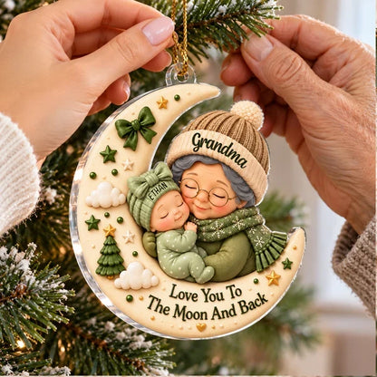 Personalized Acrylic Ornament, Grandma Cuddling Baby on Crescent Moon, Unique Christmas Gift for Grandma