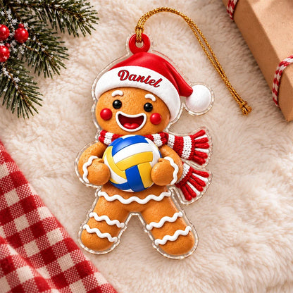 Personalized Acrylic Ornament, Cute Gingerbread Holding a Volleyball, Unique Christmas Gift for Sports Fans