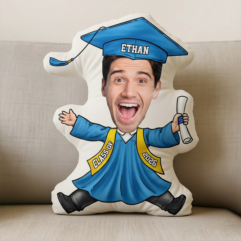 Personalized Funny Face Graduation Shaped Pillow, Custom Cartoon Grad With Cap & Diploma, Unique Senior Gift