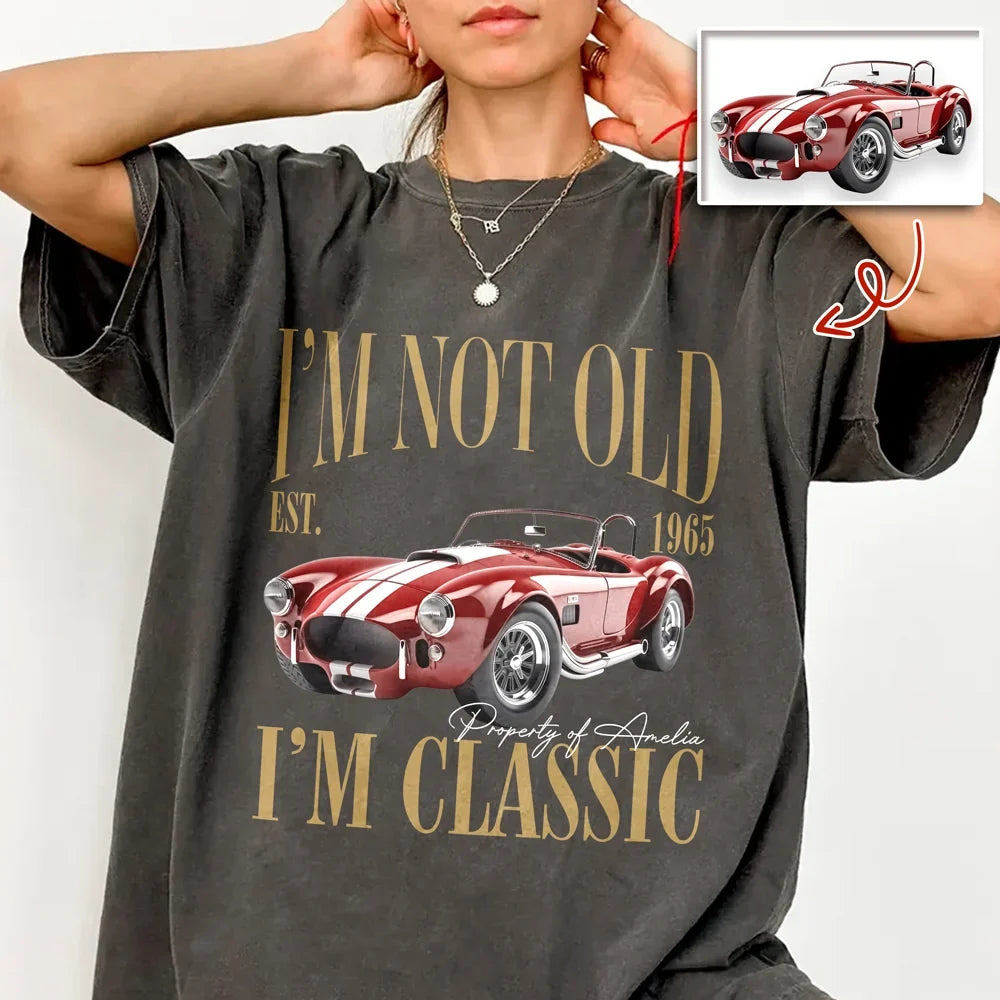 Personalized Classic Tee, Red Muscle Car and Retro Quote, Creative Keepsake Gift for Grandpa or Car Lover