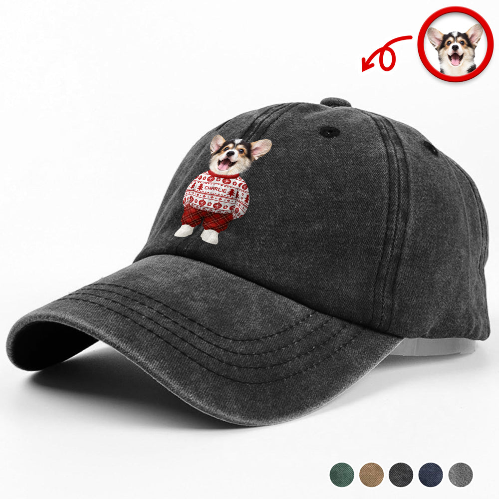 Personalized Washed Denim Baseball Cap with Cute Holiday Dogs in Sweaters – Casual Winter Style & Unique Gift for Pet Lovers