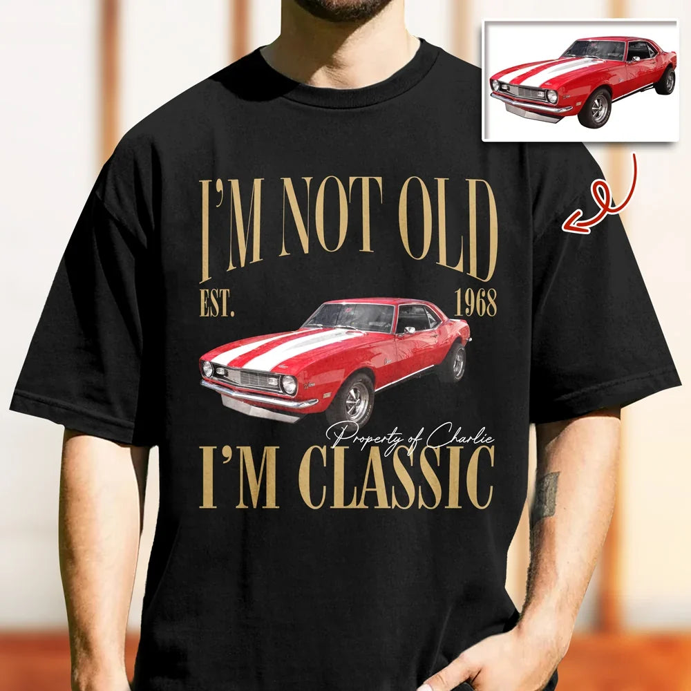 Personalized Classic Tee, Red Muscle Car and Retro Quote, Creative Keepsake Gift for Grandpa or Car Lover