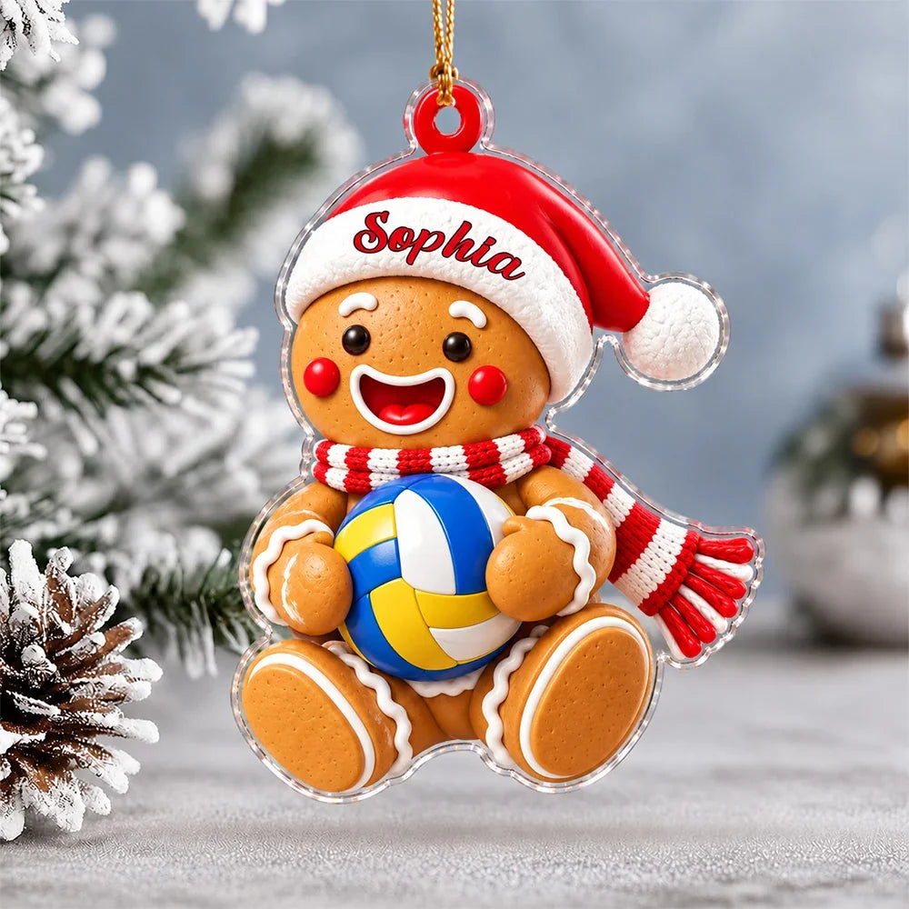 Personalized Acrylic Ornament, Cute Gingerbread Holding a Volleyball, Unique Christmas Gift for Sports Fans