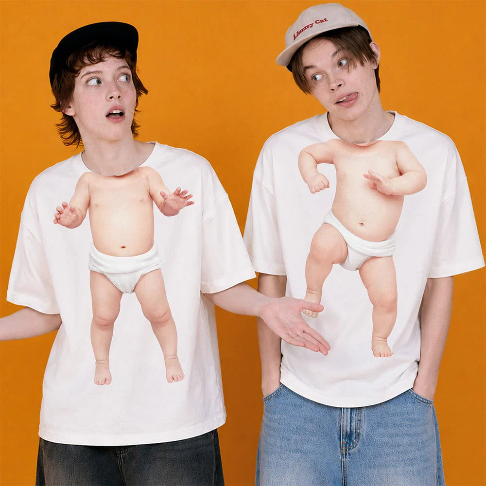 Custom Classic Tee with Dancing Baby Figure Print, Warm Neutral Style, Unique Gift for Friends & Family