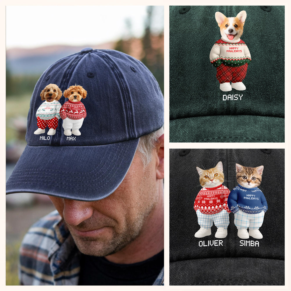 Personalized Washed Denim Baseball Cap with Cute Holiday Dogs in Sweaters – Casual Winter Style & Unique Gift for Pet Lovers