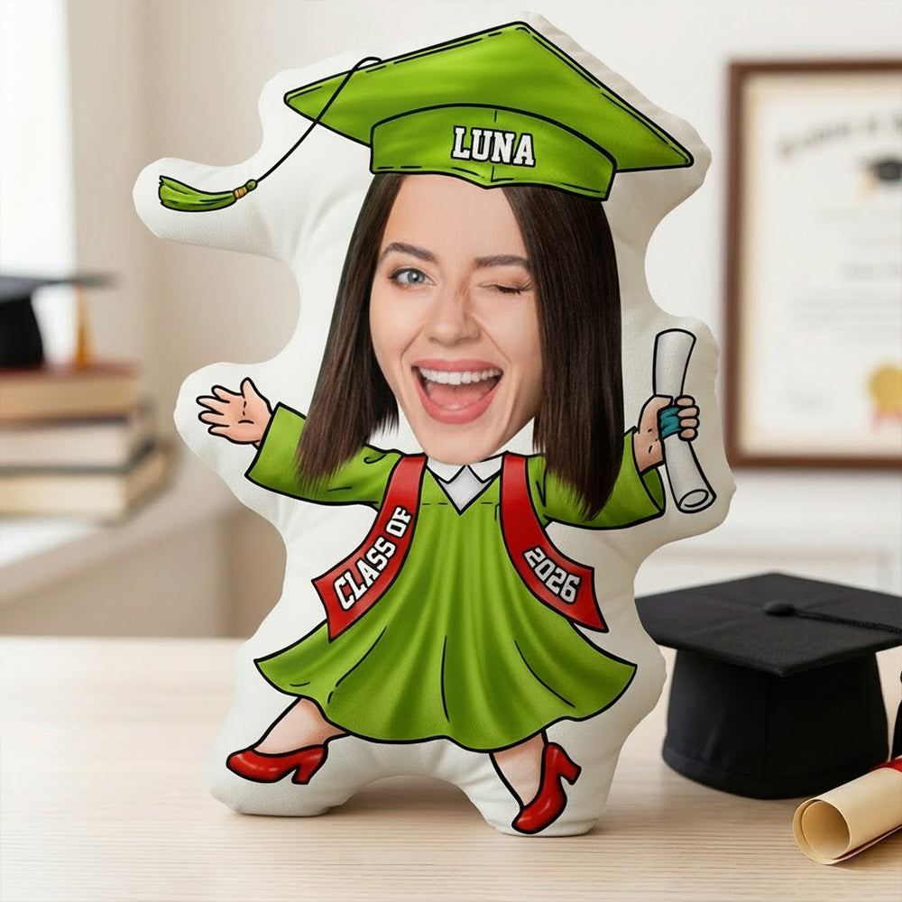 Personalized Funny Face Graduation Shaped Pillow, Custom Cartoon Grad With Cap & Diploma, Unique Senior Gift