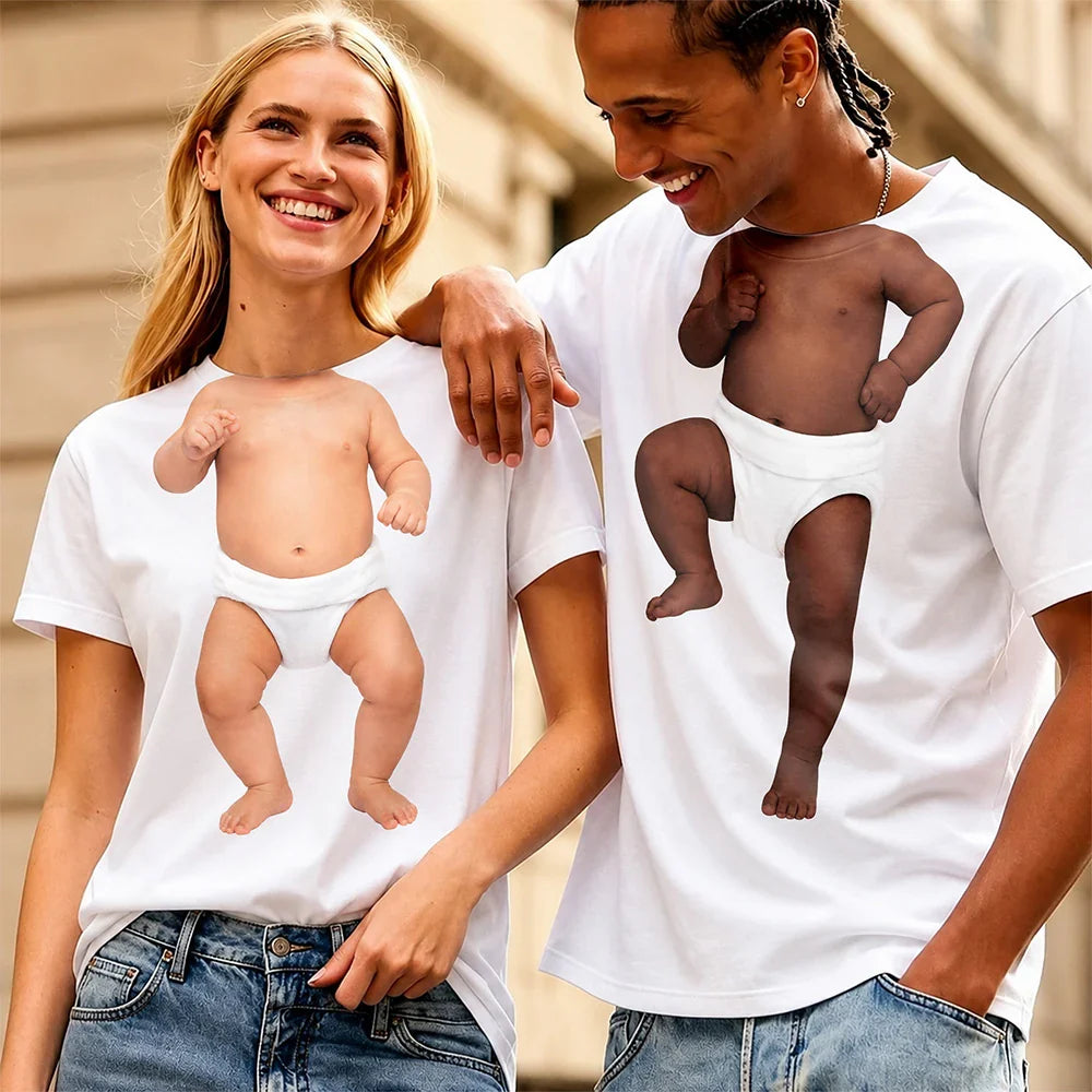 Custom Classic Tee with Dancing Baby Figure Print, Warm Neutral Style, Unique Gift for Friends & Family