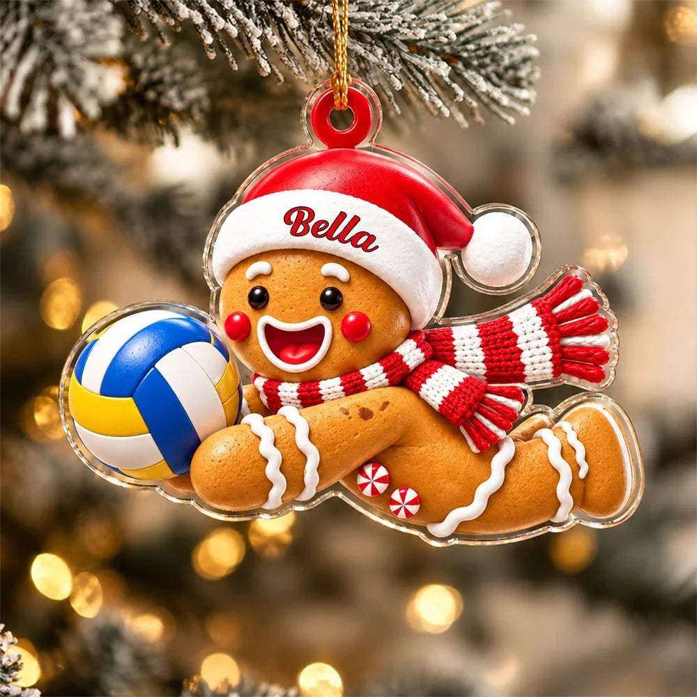 Personalized Acrylic Ornament, Cute Gingerbread Holding a Volleyball, Unique Christmas Gift for Sports Fans