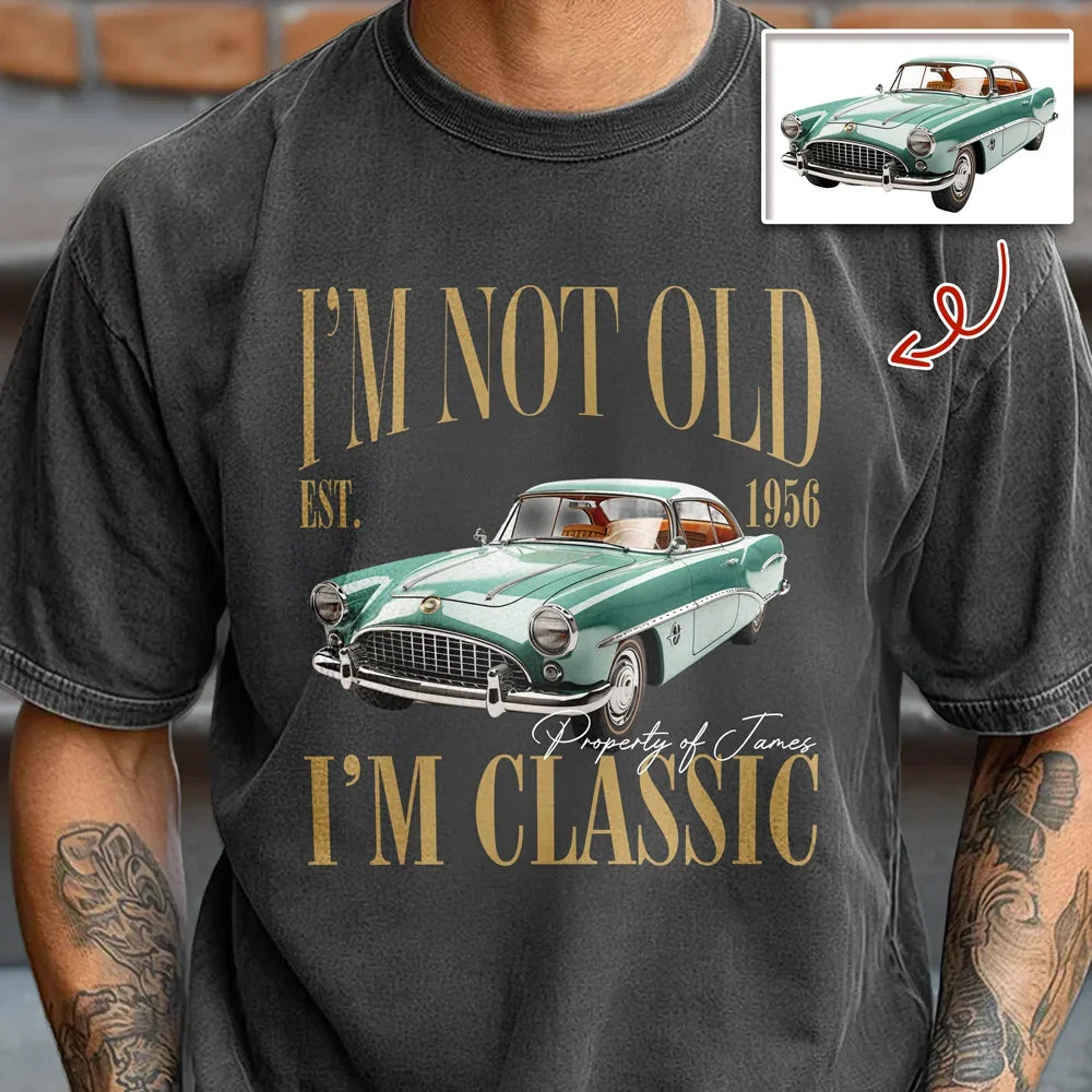 Personalized Classic Tee, Red Muscle Car and Retro Quote, Creative Keepsake Gift for Grandpa or Car Lover