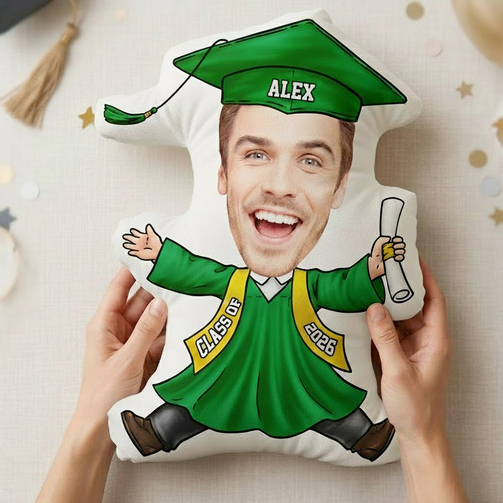 Personalized Funny Face Graduation Shaped Pillow, Custom Cartoon Grad With Cap & Diploma, Unique Senior Gift