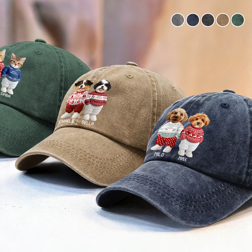 Personalized Washed Denim Baseball Cap with Cute Holiday Dogs in Sweaters – Casual Winter Style & Unique Gift for Pet Lovers