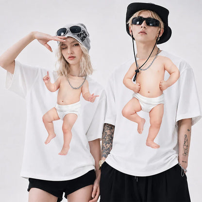 Custom Classic Tee with Dancing Baby Figure Print, Warm Neutral Style, Unique Gift for Friends & Family