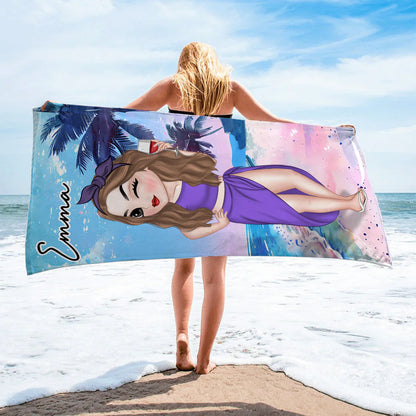 Personalized Beach Towel with Stylish Summer Lady Cartoon, Colorful Poolside Beach Trip Decor, Unique Gift for Her