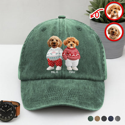 Personalized Washed Denim Baseball Cap with Cute Holiday Dogs in Sweaters – Casual Winter Style & Unique Gift for Pet Lovers