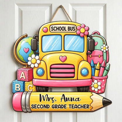 Personalized Teacher Wooden Sign, School Bus Classroom Door Decor, Unique Creative Gift for Teacher