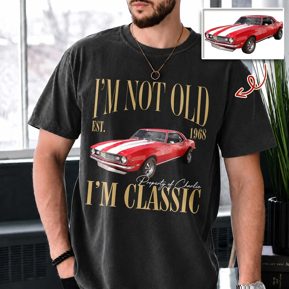 Personalized Classic Tee, Red Muscle Car and Retro Quote, Creative Keepsake Gift for Grandpa or Car Lover