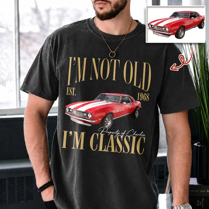 Personalized Classic Tee, Red Muscle Car and Retro Quote, Creative Keepsake Gift for Grandpa or Car Lover