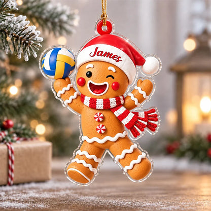 Personalized Acrylic Ornament, Cute Gingerbread Holding a Volleyball, Unique Christmas Gift for Sports Fans