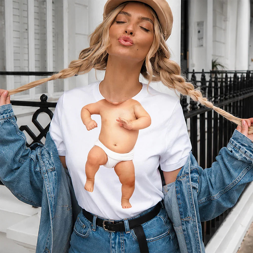 Custom Classic Tee with Dancing Baby Figure Print, Warm Neutral Style, Unique Gift for Friends & Family