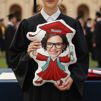 Personalized Funny Face Graduation Shaped Pillow, Custom Cartoon Grad With Cap & Diploma, Unique Senior Gift