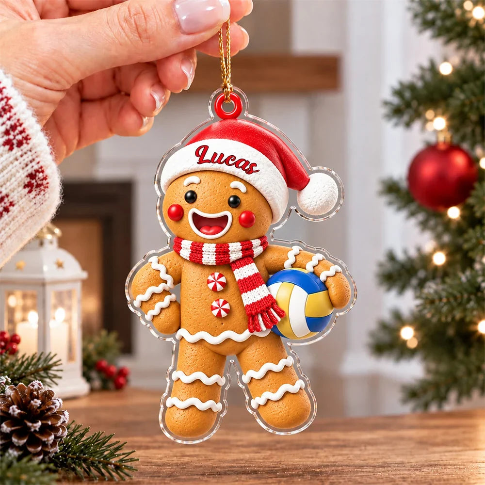Personalized Acrylic Ornament, Cute Gingerbread Holding a Volleyball, Unique Christmas Gift for Sports Fans