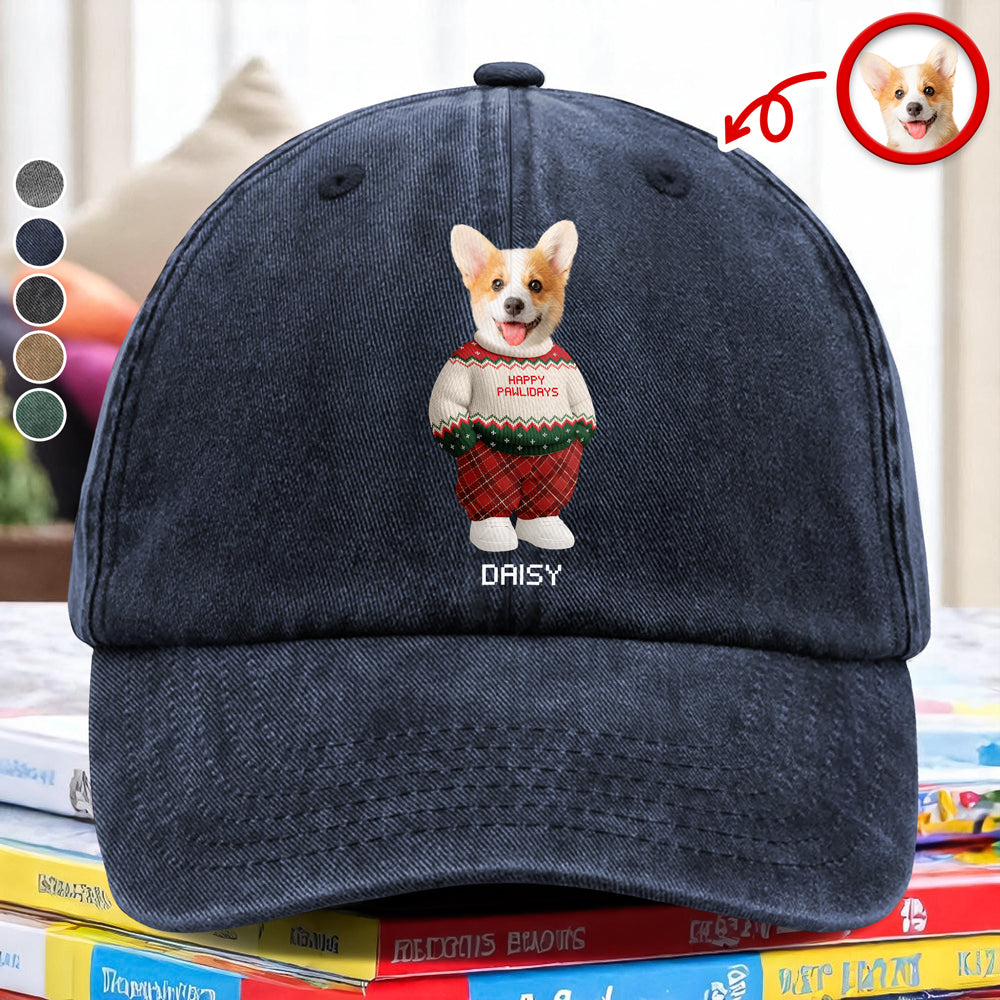 Personalized Washed Denim Baseball Cap with Cute Holiday Dogs in Sweaters – Casual Winter Style & Unique Gift for Pet Lovers
