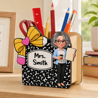 Personalized Wooden Pen Holder, Cute Cartoon Teacher Desk Organizer, Unique Creative Gift for Teacher