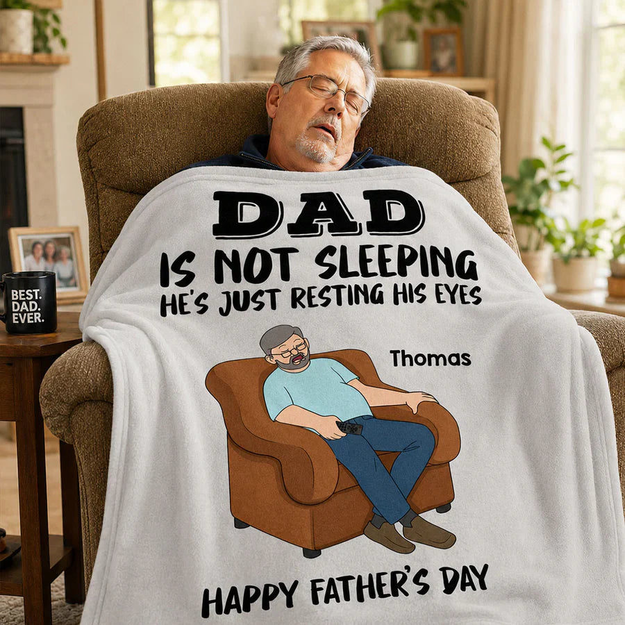 Personalized Fleece Blanket, Resting His Eyes Armchair Dad Cartoon, Unique Father's Day Gift for Dad
