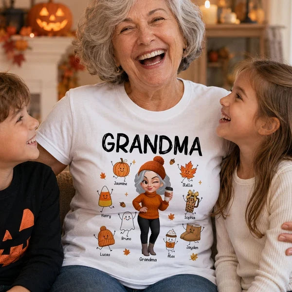 Personalized Classic Tee with Coffee-Holding Grandma and Grandkid Fall Doodles, Unique Autumn Gift for Grandma