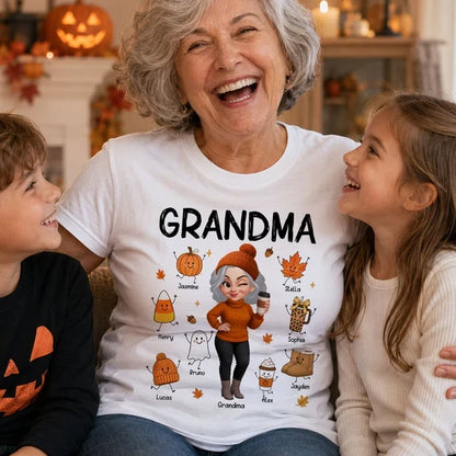 Personalized Classic Tee with Coffee-Holding Grandma and Grandkid Fall Doodles, Unique Autumn Gift for Grandma
