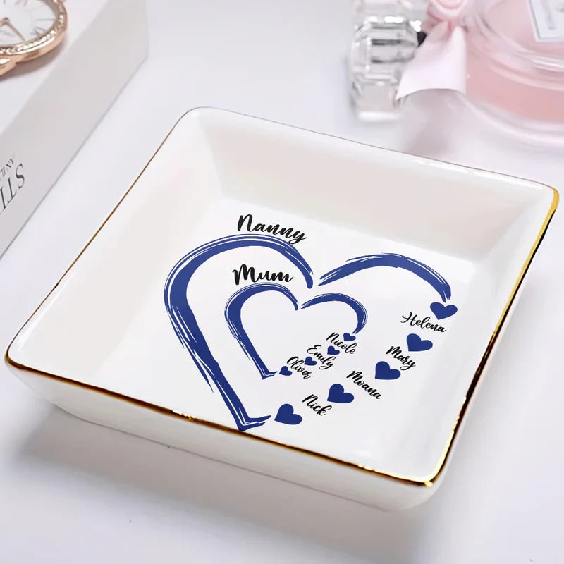 Personalized Heart Jewelry Dish Ring Holder for Mom Grandma, Sweet Family Keepsake Tray, Unique Gift