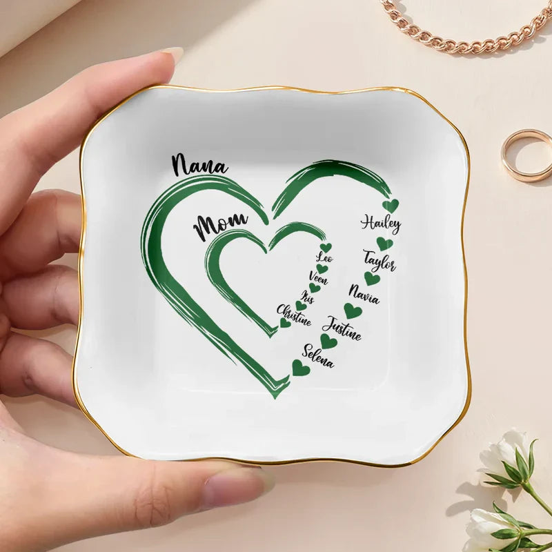 Personalized Heart Jewelry Dish Ring Holder for Mom Grandma, Sweet Family Keepsake Tray, Unique Gift