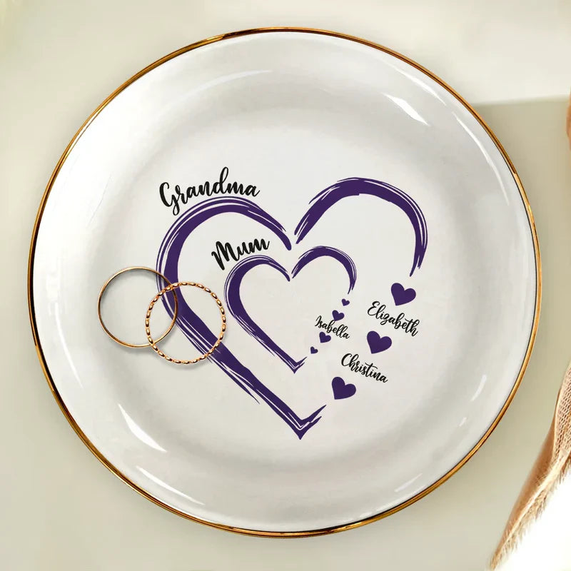 Personalized Heart Jewelry Dish Ring Holder for Mom Grandma, Sweet Family Keepsake Tray, Unique Gift