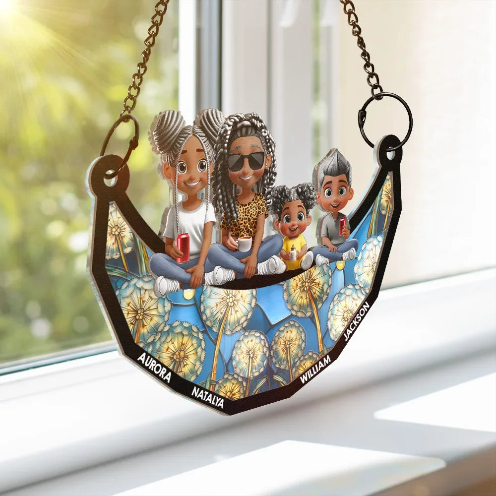 Gift For Mother, Gift For Grandma, Grandma - Grandkids, Mom - Children, Happy - Mom Nana Sitting With Children On The Moon - Personalized Window Hanging Suncatcher Ornament