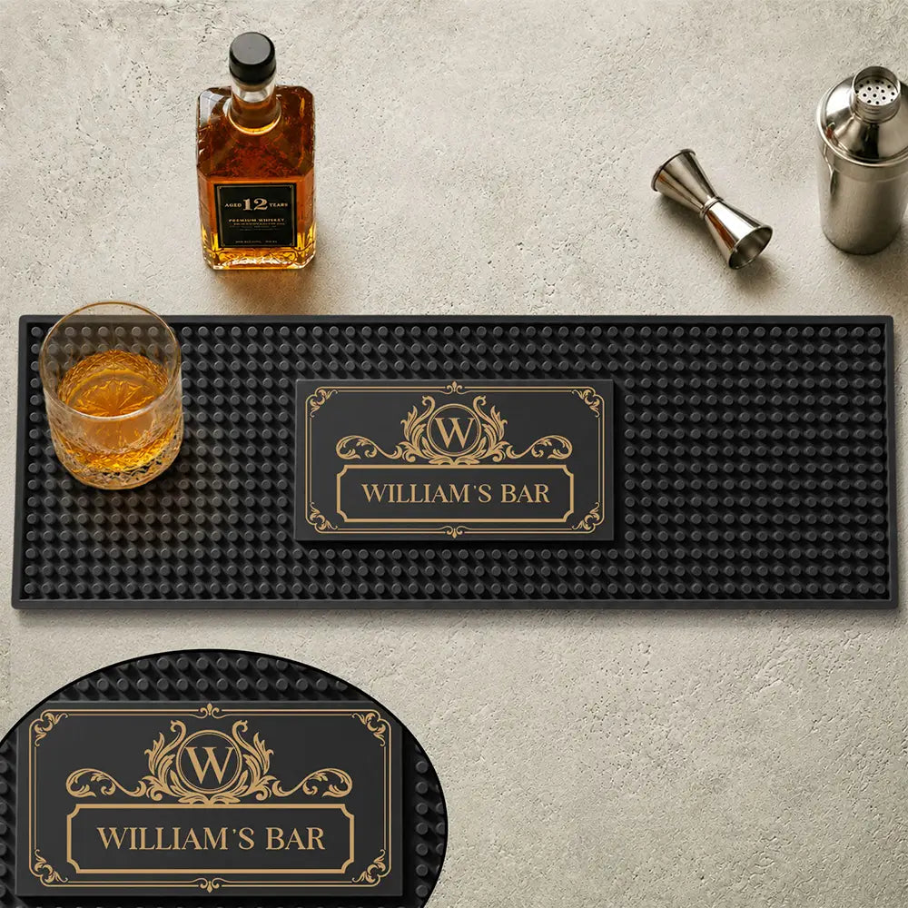 Personalized Rubber Bartender Mat, Vintage Monogram Home Bar Decor, Unique Gift for Whiskey Lovers