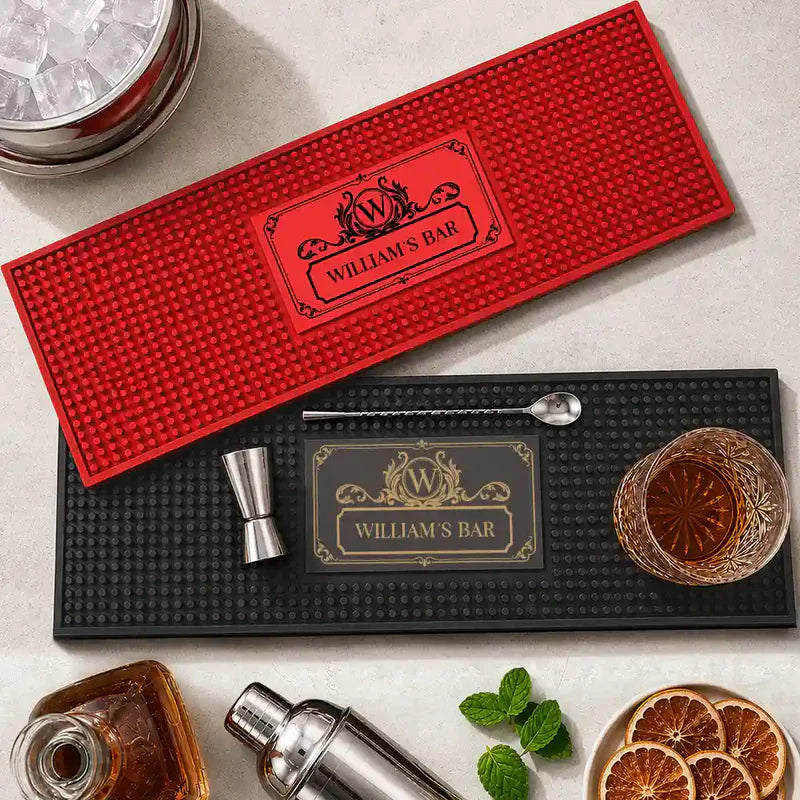 Personalized Rubber Bartender Mat, Vintage Monogram Home Bar Decor, Unique Gift for Whiskey Lovers