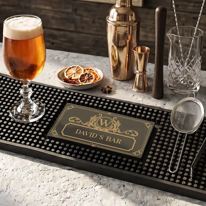 Personalized Rubber Bartender Mat, Vintage Monogram Home Bar Decor, Unique Gift for Whiskey Lovers