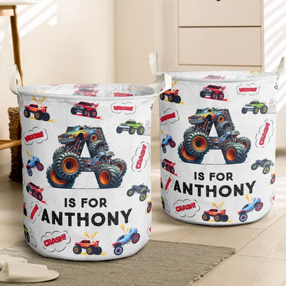 Custom Round Storage Basket with Jumping Monster Trucks, Creative Gift for a Young Car Fan