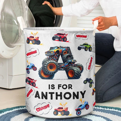 Custom Round Storage Basket with Jumping Monster Trucks, Creative Gift for a Young Car Fan