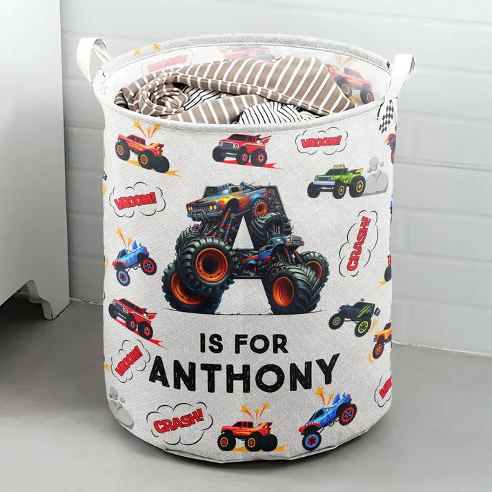 Custom Round Storage Basket with Jumping Monster Trucks, Creative Gift for a Young Car Fan
