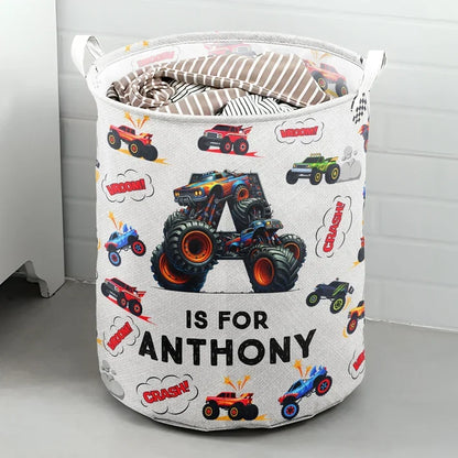 Custom Round Storage Basket with Jumping Monster Trucks, Creative Gift for a Young Car Fan