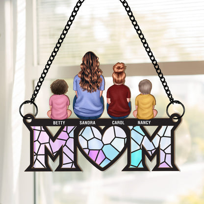 Wood and Acrylic Layered Ornament with Mom and Children Back View, High Clarity, Heartwarming Gift for Family