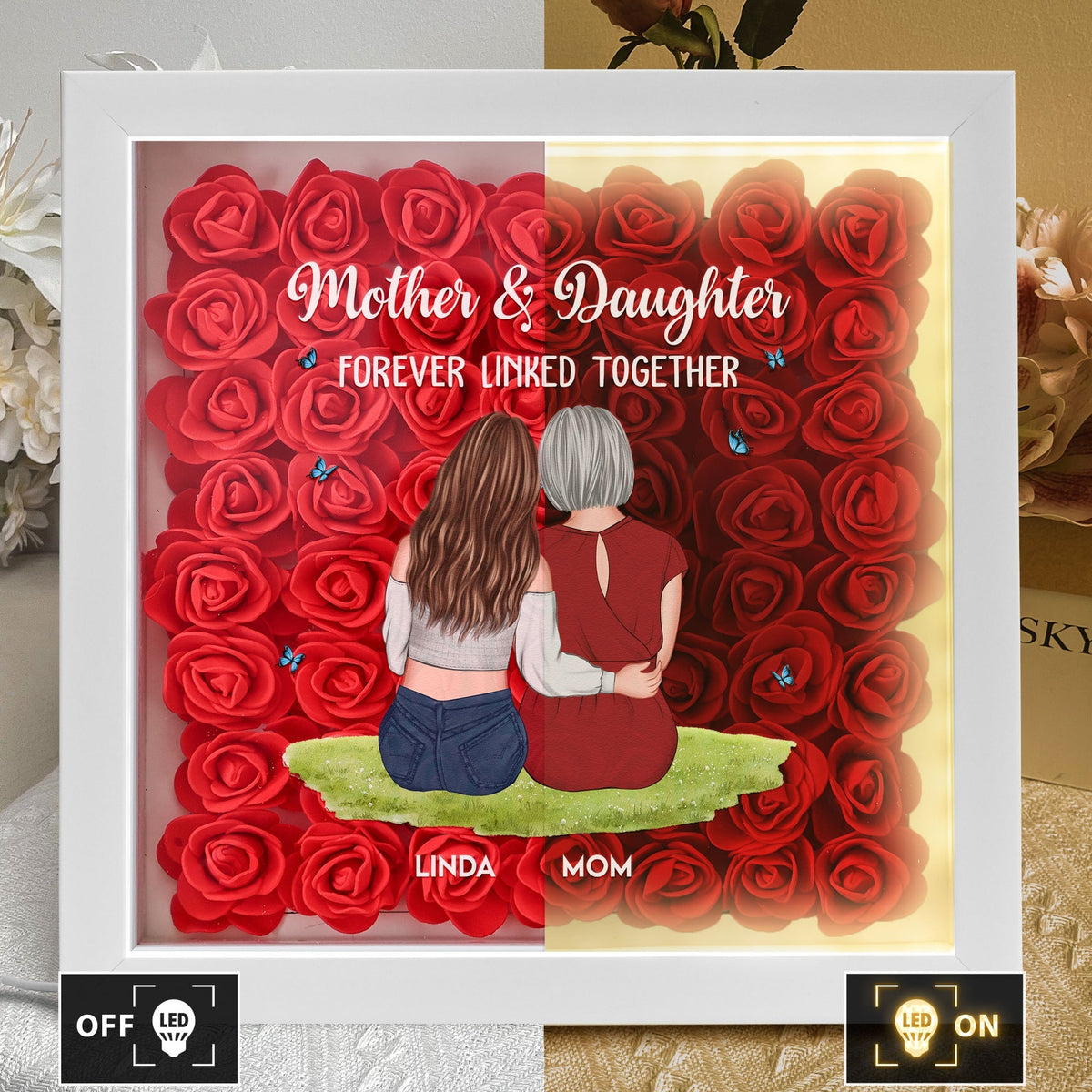 Mother & Daughter Hugging Shadow Box, Personalized Keepsake Home Decor with Warm Glow, Heartfelt Gift for Mom