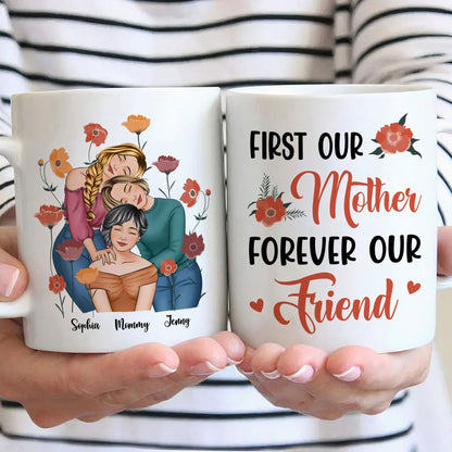 Personalized Gift for Mother or Daughter – Ceramic Mug Featuring Hugging Scene with 'First Our Mother, Forever Our Friend'