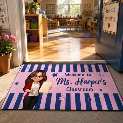 Personalized Standard Doormat With Standing Cartoon Teacher & Blue Yellow Classroom Design, Unique Teacher Gift