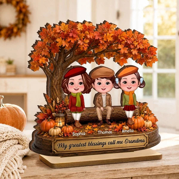 Personalized Wooden Plaque, Grandkids Sitting Under an Autumn Tree, Unique Gift for Grandma