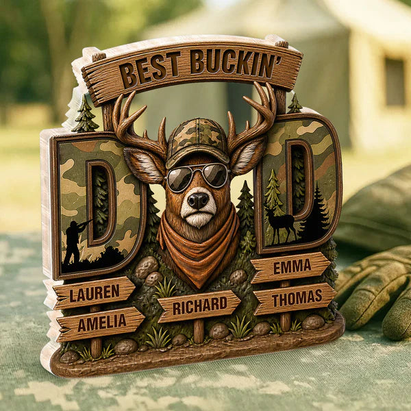 Personalized Shaped Acrylic Block Plaque with Camo Buck & Hunter Silhouette, Unique Gift for Dad