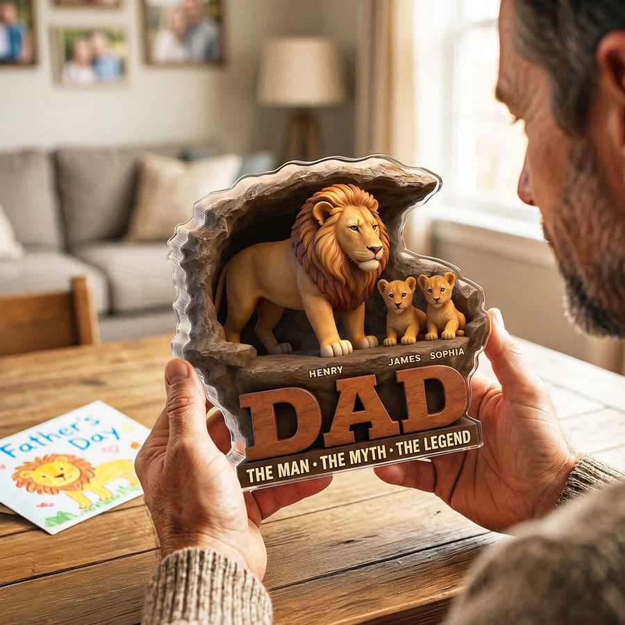 Personalized Shaped Acrylic Block Plaque With Standing Lion Dad & Cubs, Unique Father's Day Gift for Dad's Desk