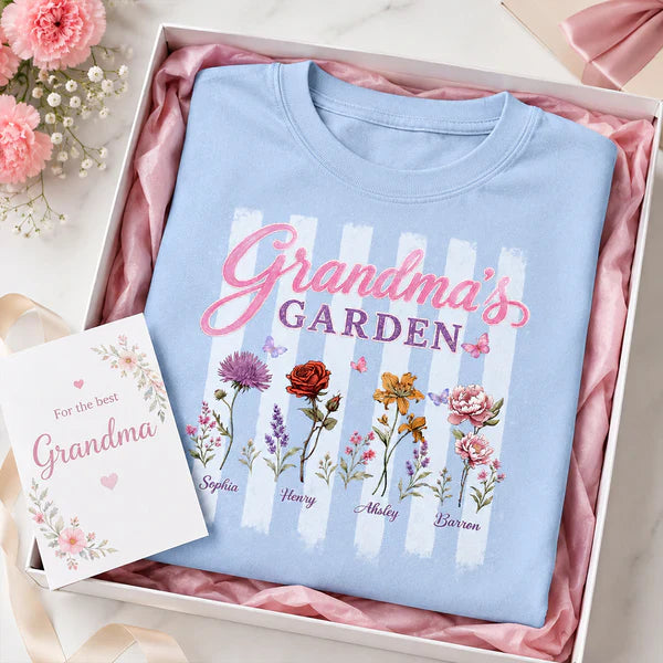 Personalized Grandma's Garden Classic Tee, Floral Stripe Unique Gift for Grandma